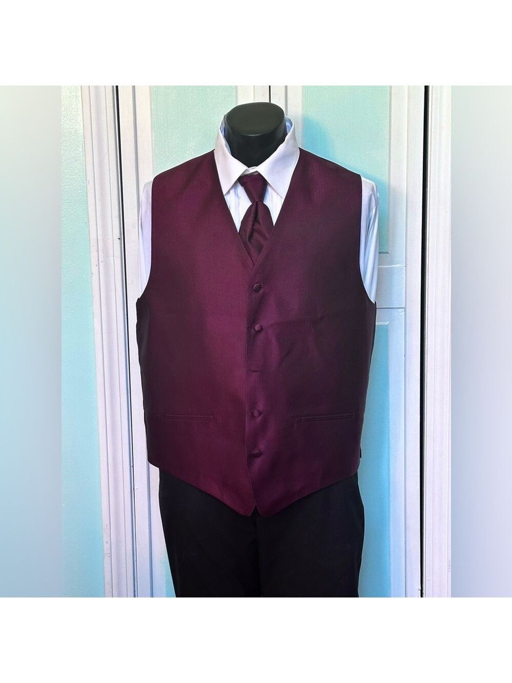 Merlot Wine Red Herringbone Closed Back Vest Wedding Prom Men’s Large Tall Long
